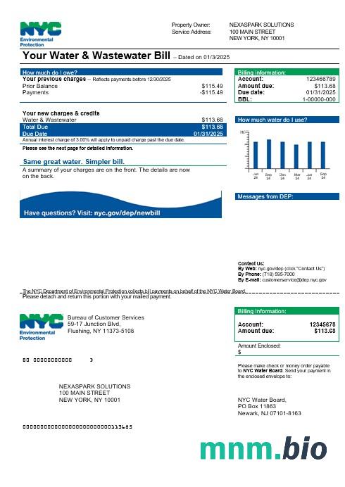 USA The New York City Department of Environmental Protection (DEP) rachunek za usługi komunalne szablon w formacie Word i PDF